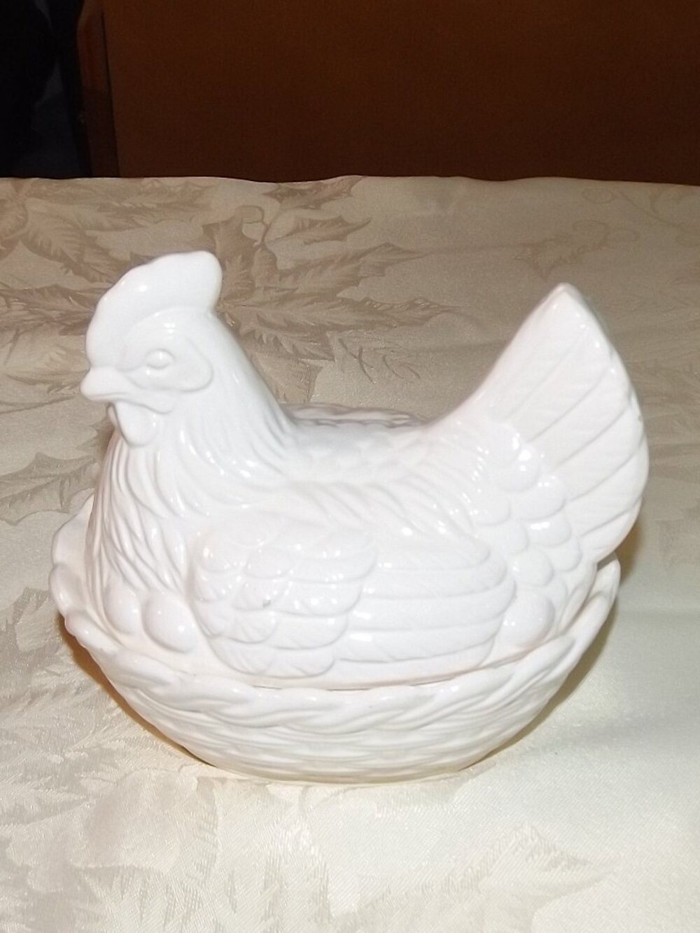1970s White Ceramic Farmhouse Hen On Nest Covered Dish Candy Trinket Butter